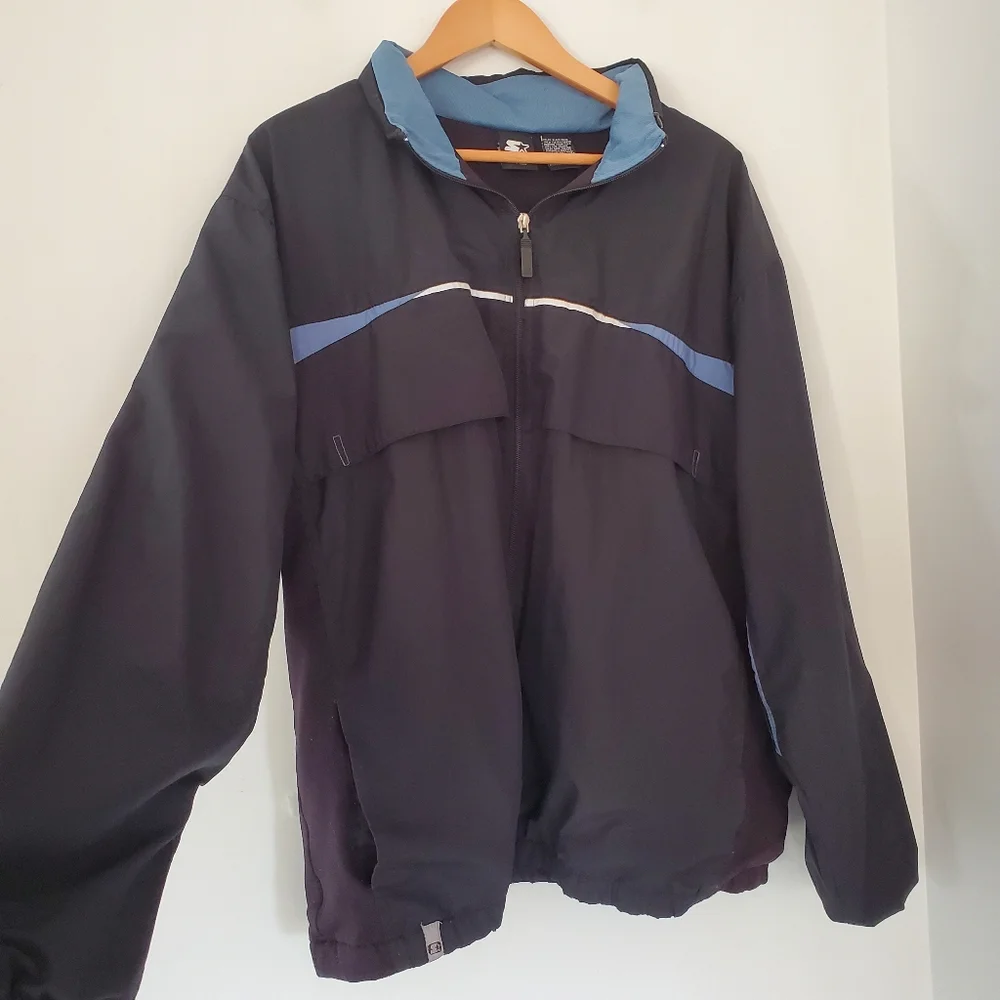 STARTER Men L Black Blue Windbreaker Jacket Full Zip Pockets Hood 90s Y2K